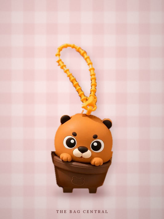 Bear Mist Spray Bag Charm – brown bear in a pot with orange loop strap