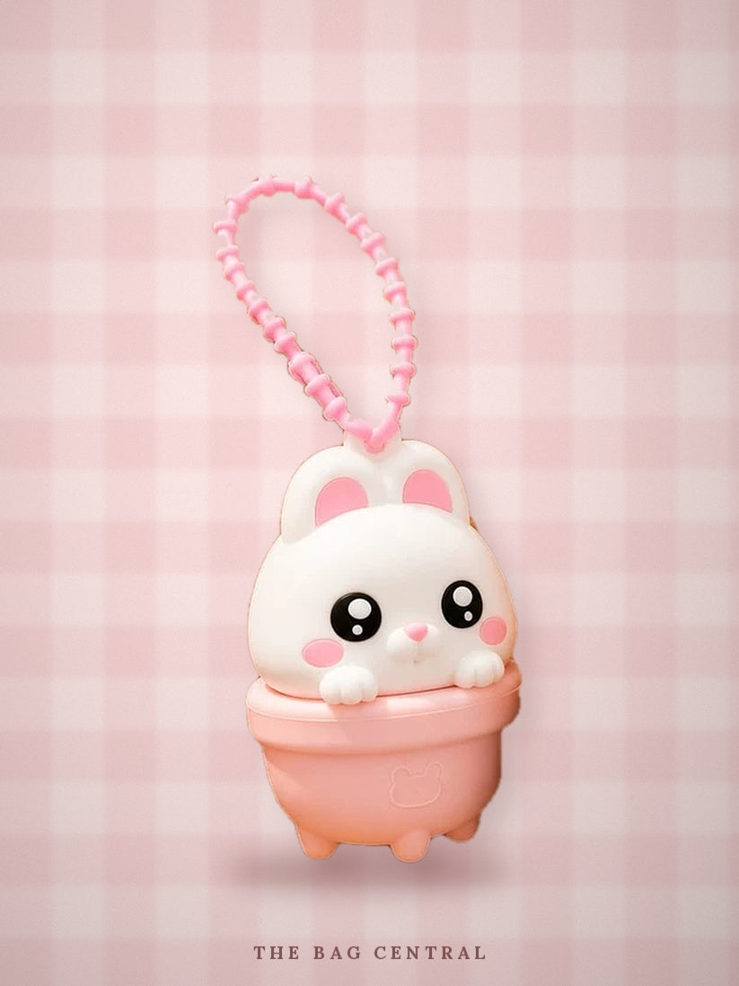 Bunny Mist Spray Bag Charm – white and pink bunny in a pot with pink loop strap