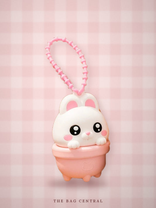 Bunny Mist Spray Bag Charm – white and pink bunny in a pot with pink loop strap