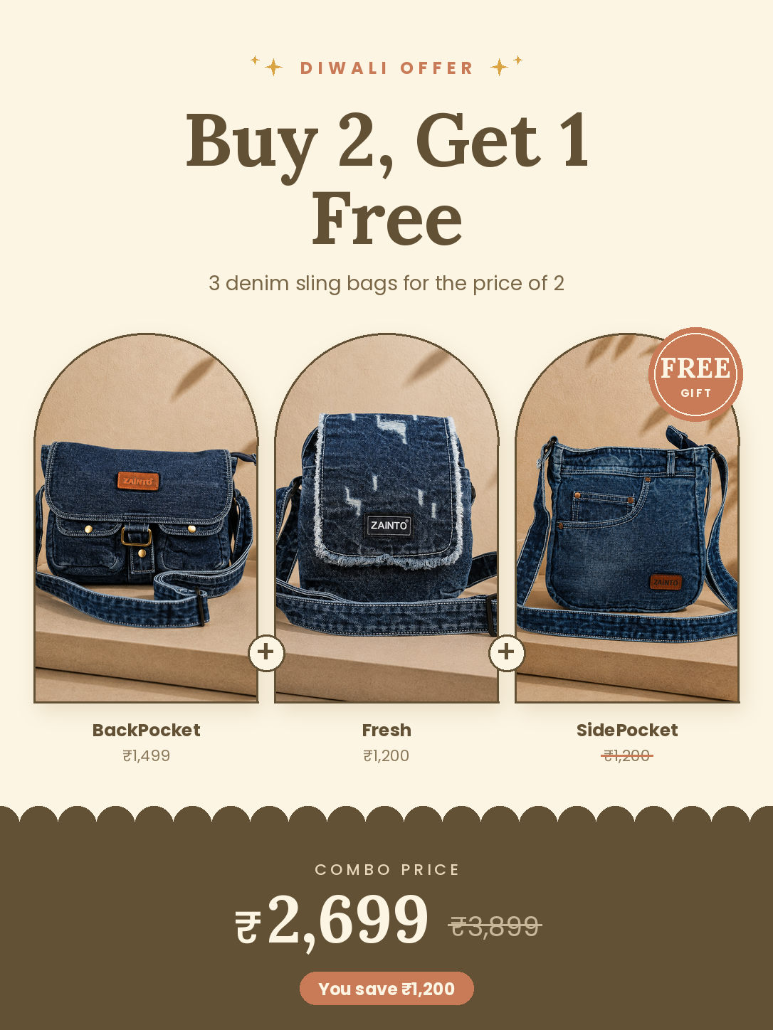 Diwali Denim Sling Combo: BackPocket + Fresh Sling, SidePocket Sling free. Combo price ₹2,699