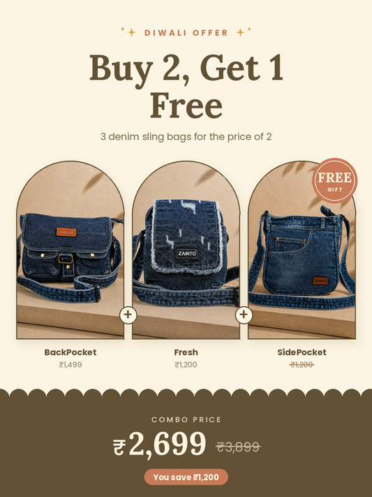 Diwali Denim Sling Combo: BackPocket + Fresh Sling, SidePocket Sling free. Combo price ₹2,699